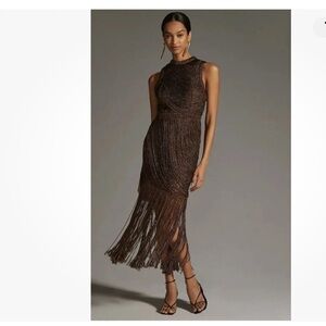 NWT Anthropologie Not So Serious Pallavi Mohan Fringed Halter Dress 0 Bronze